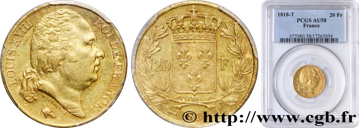 20 francs or Louis XVIII, tête nue 1818 Nantes F.519/13 EBC58 PCGS