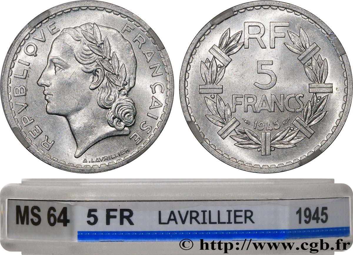 5 francs Lavrillier, aluminium, 9 ouvert 1945  F.339/3 fST64 GENI