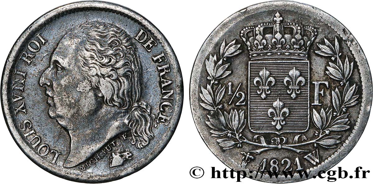 1/2 franc Louis XVIII 1821 Lille F.179/29 XF 