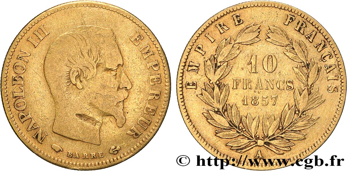 10 francs or Napoléon III, tête nue 1857 Paris F.506/4 MB