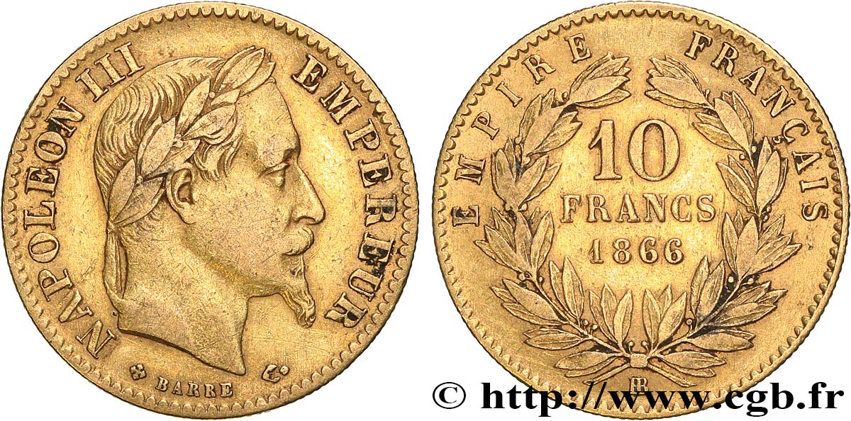 10 francs or Napoléon III, tête laurée 1866 Strasbourg F.507A/13 MB