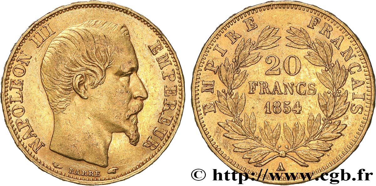 20 francs or Napoléon III, tête nue 1854 Paris F.531/2 BB