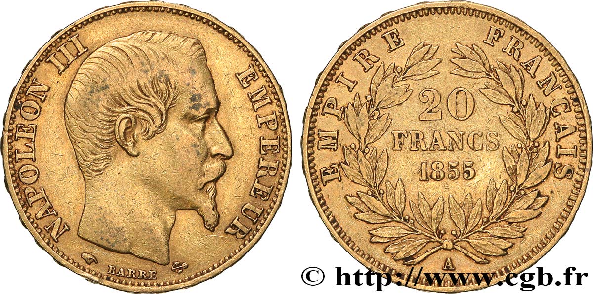 20 francs or Napoléon III, tête nue 1855 Paris F.531/4 BB