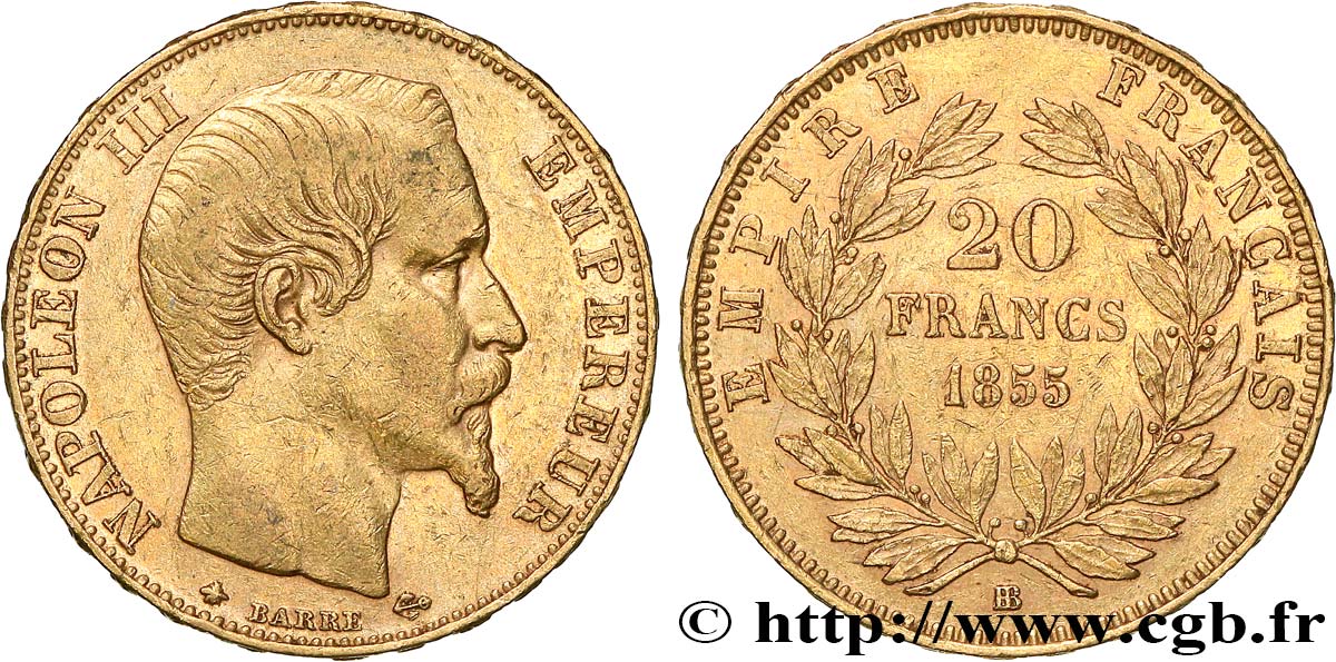 20 francs or Napoléon III, tête nue, différent ancre 1855 Strasbourg F.531/6 BB