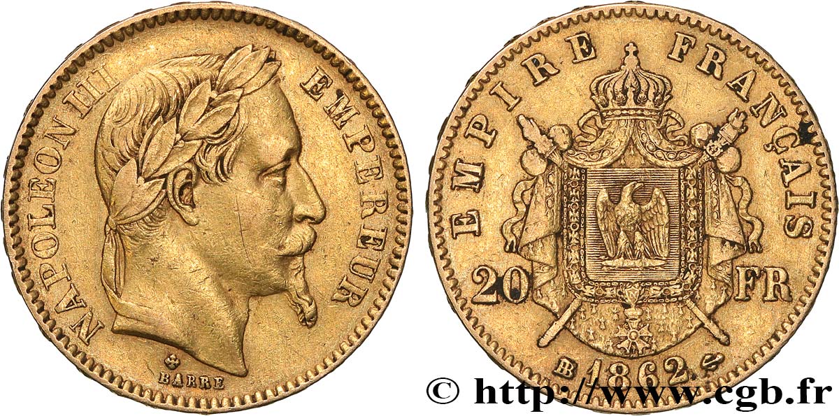 20 francs or Napoléon III, tête laurée 1862 Strasbourg F.532/5 q.BB