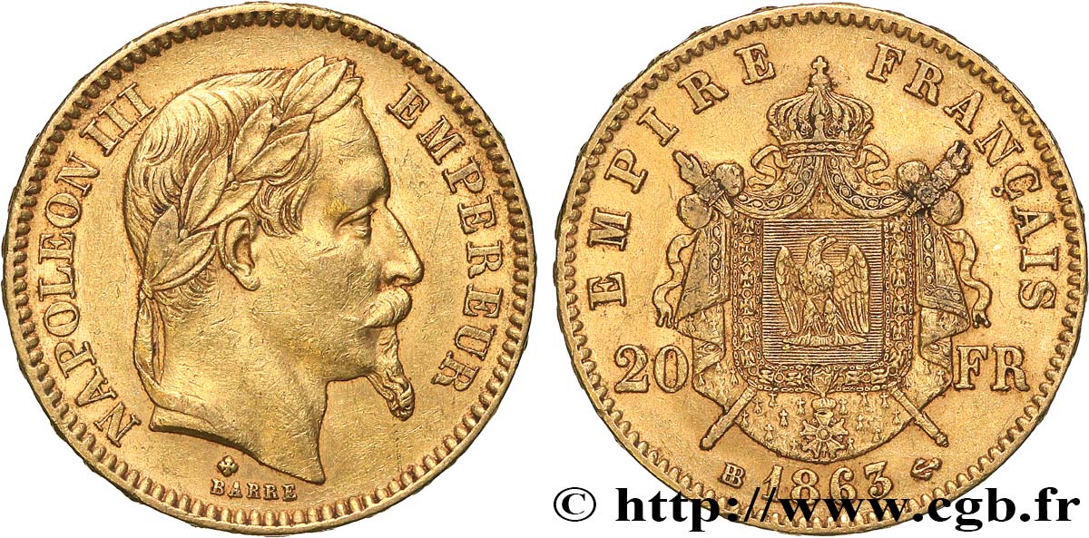 20 francs or Napoléon III, tête laurée 1863 Strasbourg F.532/7 BB