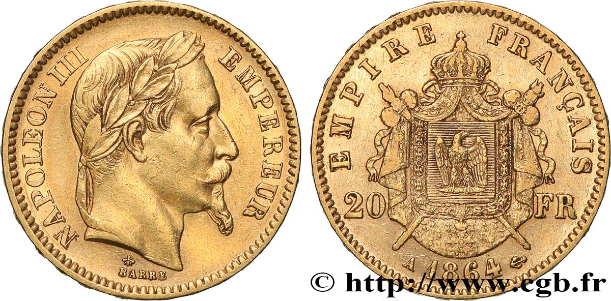 20 francs or Napoléon III, tête laurée 1864 Paris F.532/8 BB