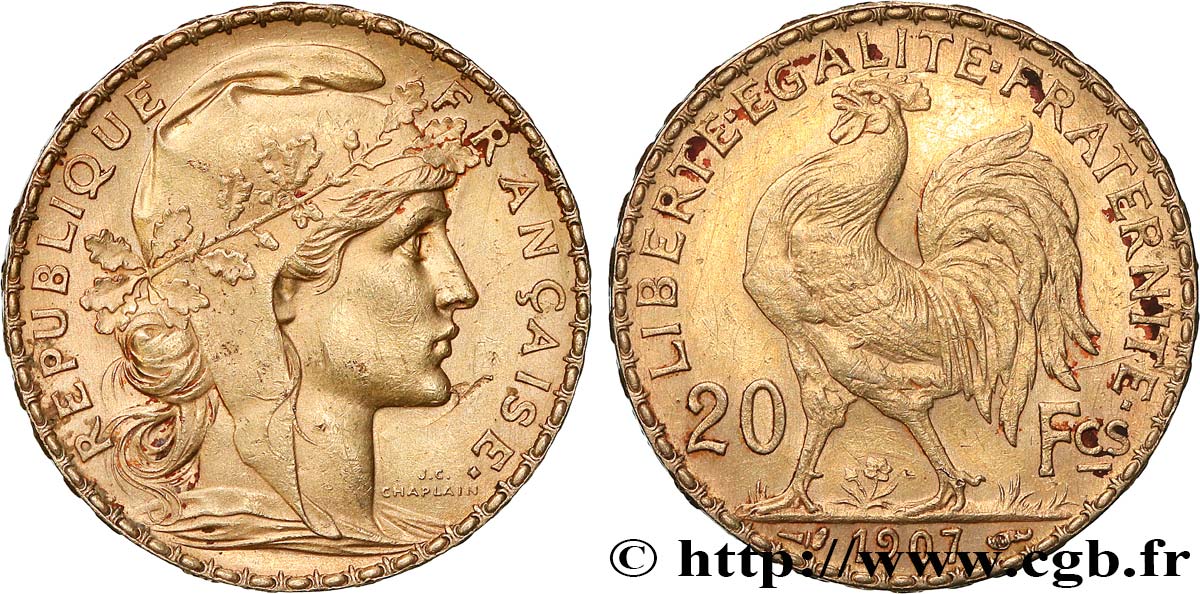 20 francs or Coq, Liberté Égalité Fraternité 1907 Paris F.535/1 BB