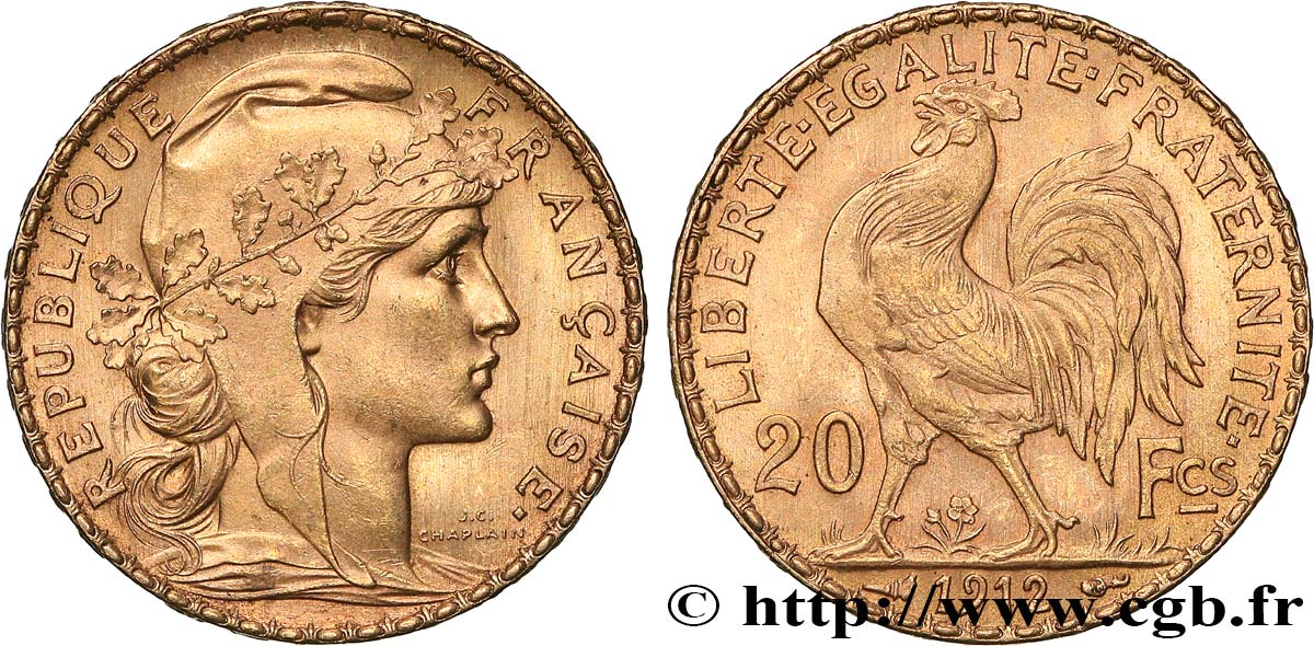 20 francs or Coq, Liberté Égalité Fraternité 1912 Paris F.535/6 SPL