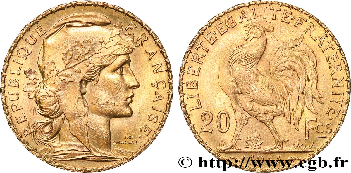 20 francs or Coq, Liberté Égalité Fraternité 1914 Paris F.535/8 SPL+