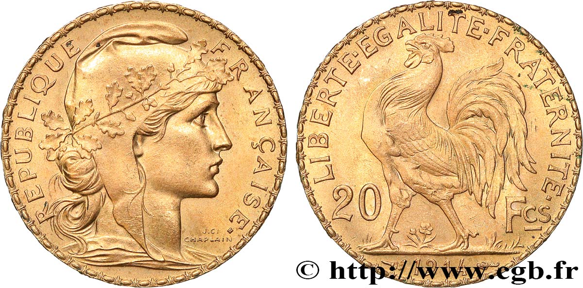20 francs or Coq, Liberté Égalité Fraternité 1914 Paris F.535/8 SPL+