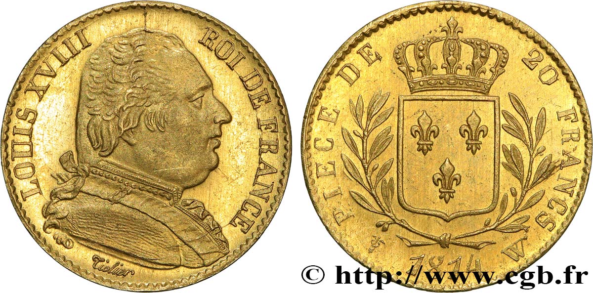 20 francs or Louis XVIII, buste habillé 1814 Lille F.517/9 MS65 