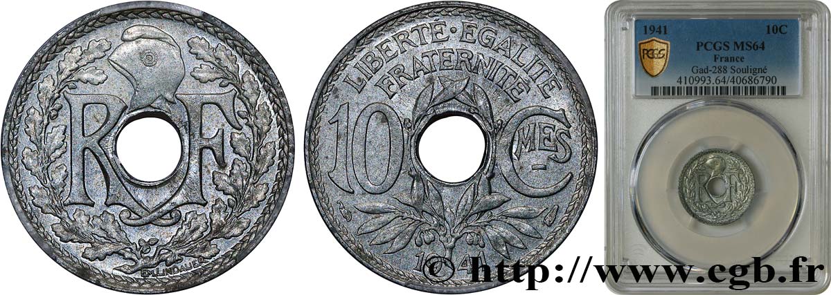 10 centimes Lindauer en zinc, Cmes souligné et millésime sans points 1941  F.140/1 MS64 PCGS