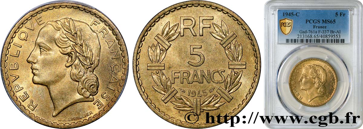 5 francs Lavrillier, bronze-aluminium 1945 Castelsarrasin F.337/6 ST65 PCGS