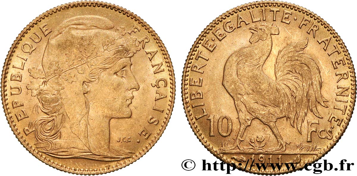 10 francs or Coq 1911 Paris F.509/12 AU