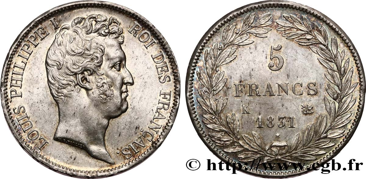 5 francs type Tiolier avec le I, tranche en creux 1831 Bordeaux F.315/20 MS62 