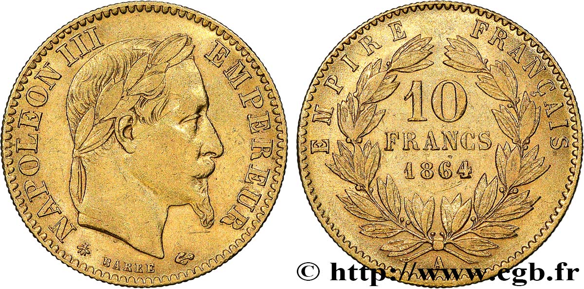10 francs or Napoléon III, tête laurée, type définitif à grand 10 1864 Paris F.507A/6 TB35