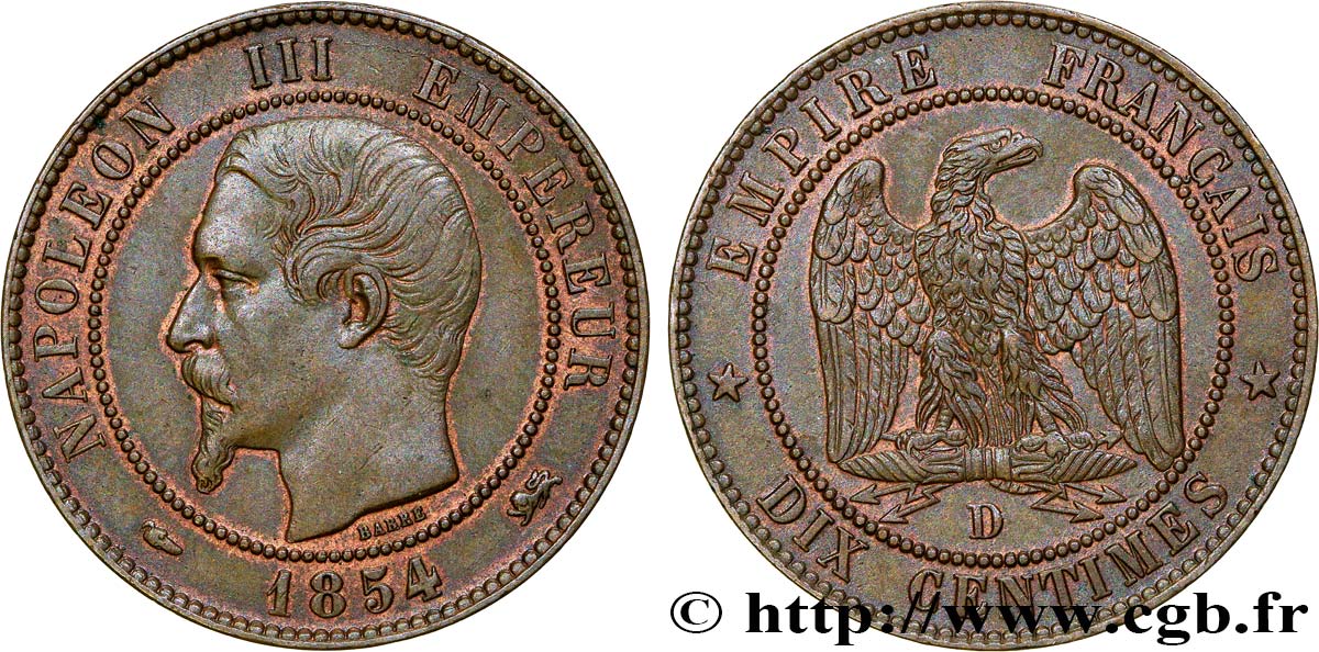 Dix centimes Napoléon III, tête nue 1854 Lyon F.133/15 AU58 