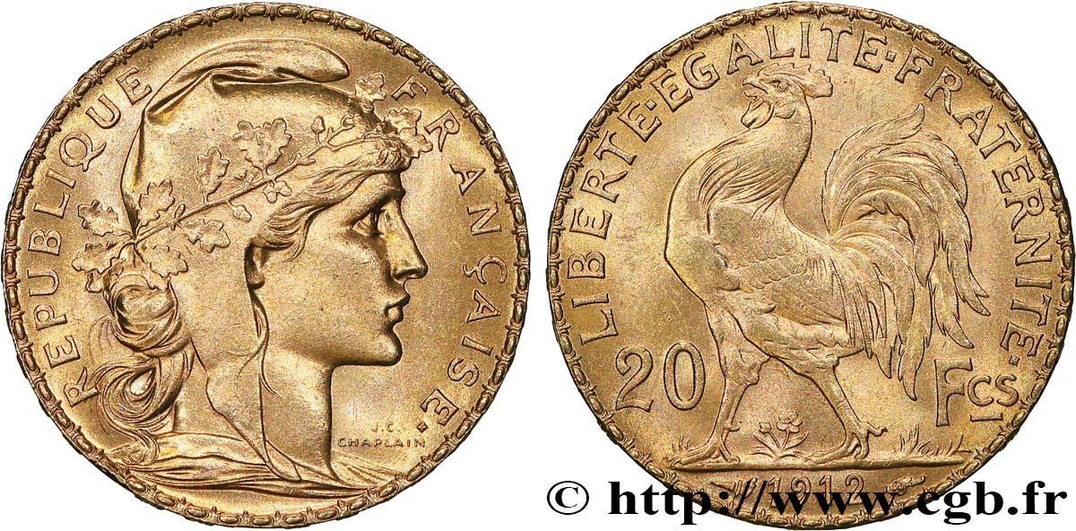 20 francs or Coq, Liberté Égalité Fraternité 1912 Paris F.535/6 SPL