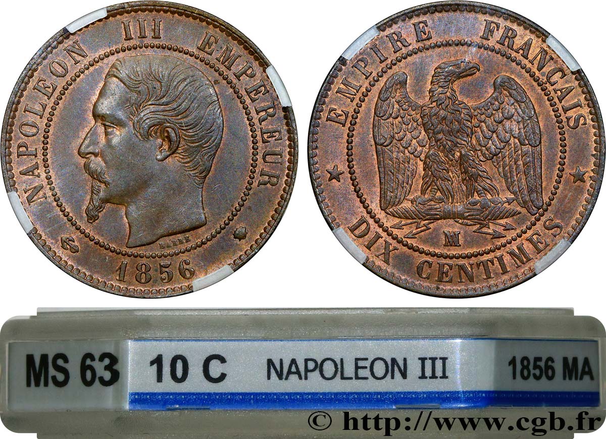 Dix centimes Napoléon III, tête nue 1856 Marseille F.133/39 fST63 GENI