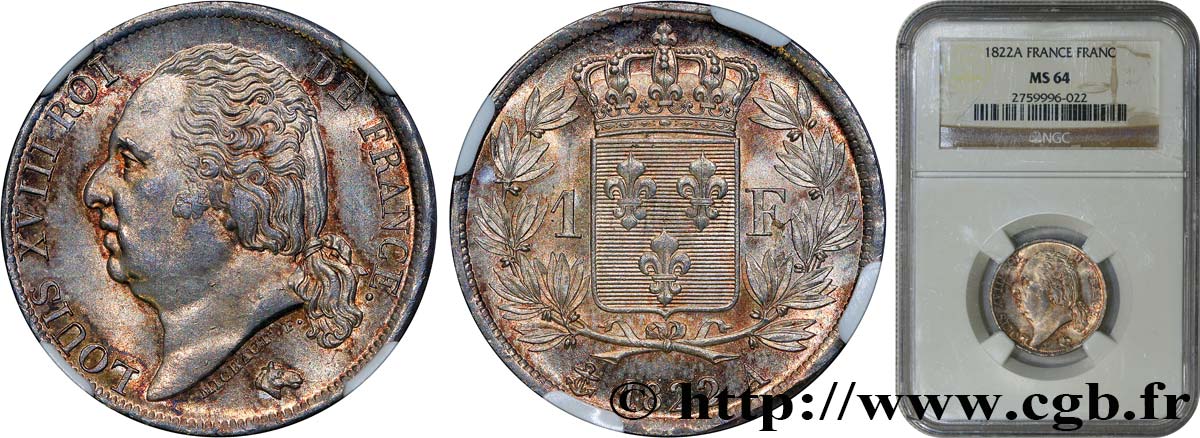 1 franc Louis XVIII 1822 Paris F.206/40 fST64 NGC