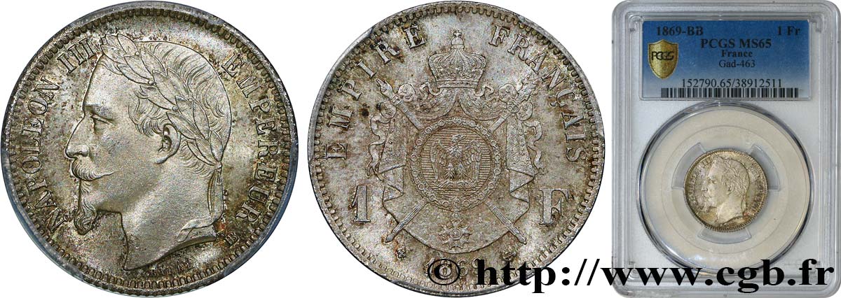 1 franc Napoléon III, tête laurée 1869 Strasbourg F.215/15 MS65 PCGS