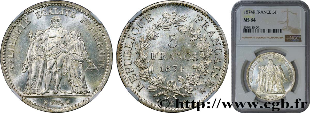 5 francs Hercule 1874 Bordeaux F.334/13 MS64 NGC