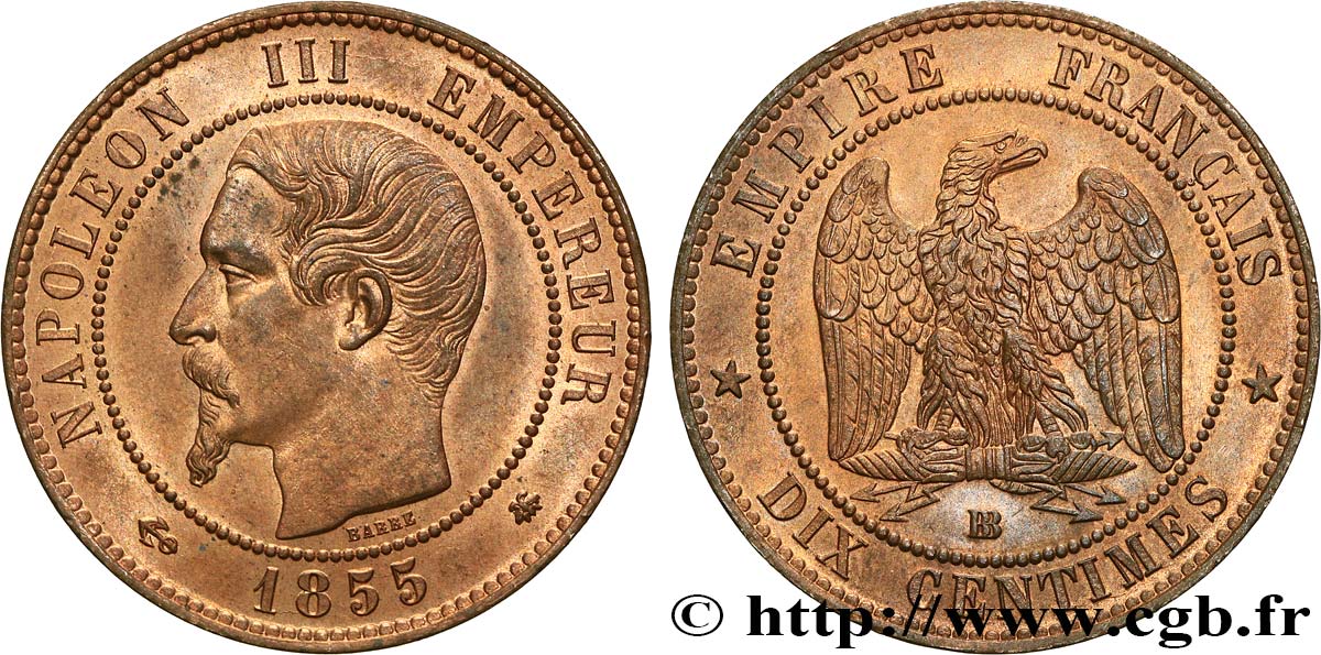 Dix centimes Napoléon III, tête nue, différent ancre 1855 Strasbourg F.133/24 SC64 