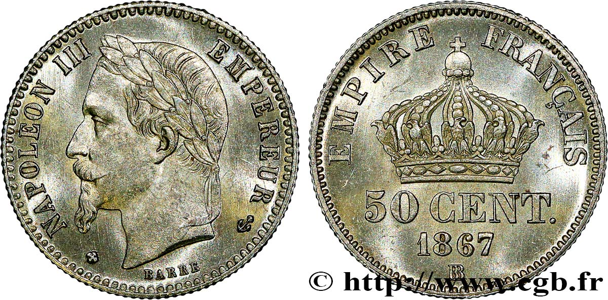 50 centimes Napoléon III, tête laurée, différent au milieu 1867 Strasbourg F.188/17 fST64 