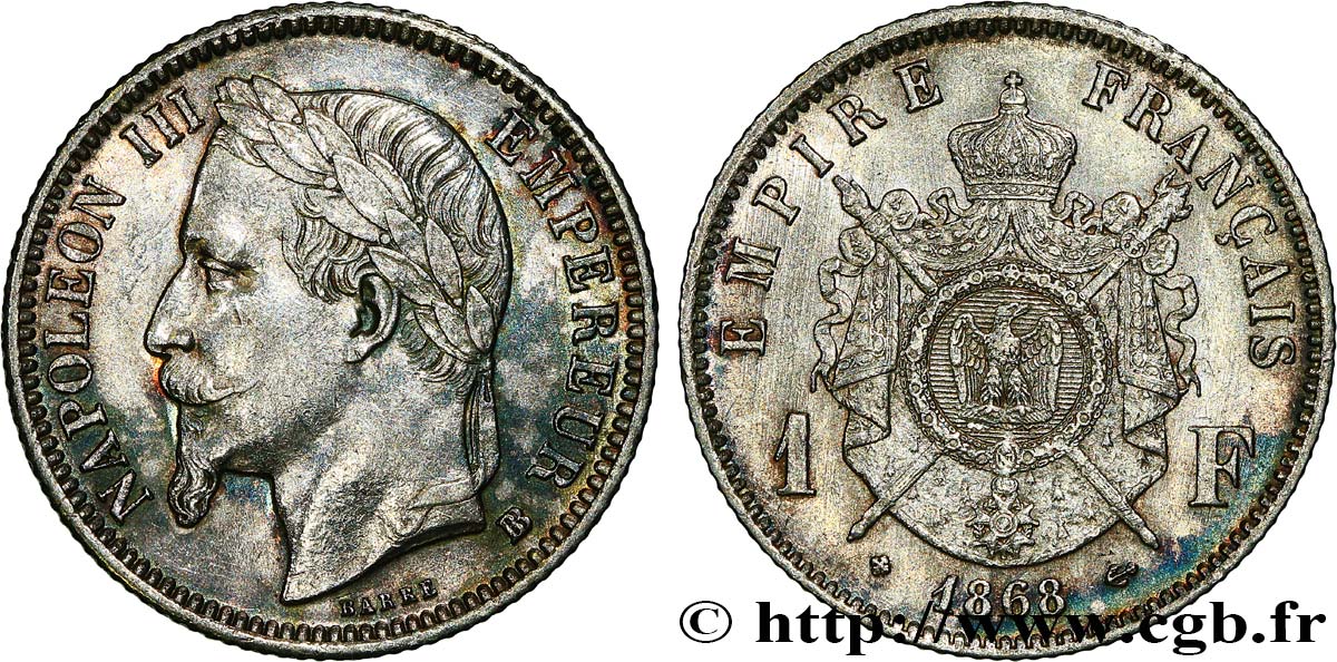 1 franc Napoléon III, tête laurée, Grand BB 1868 Strasbourg F.215/12 EBC 