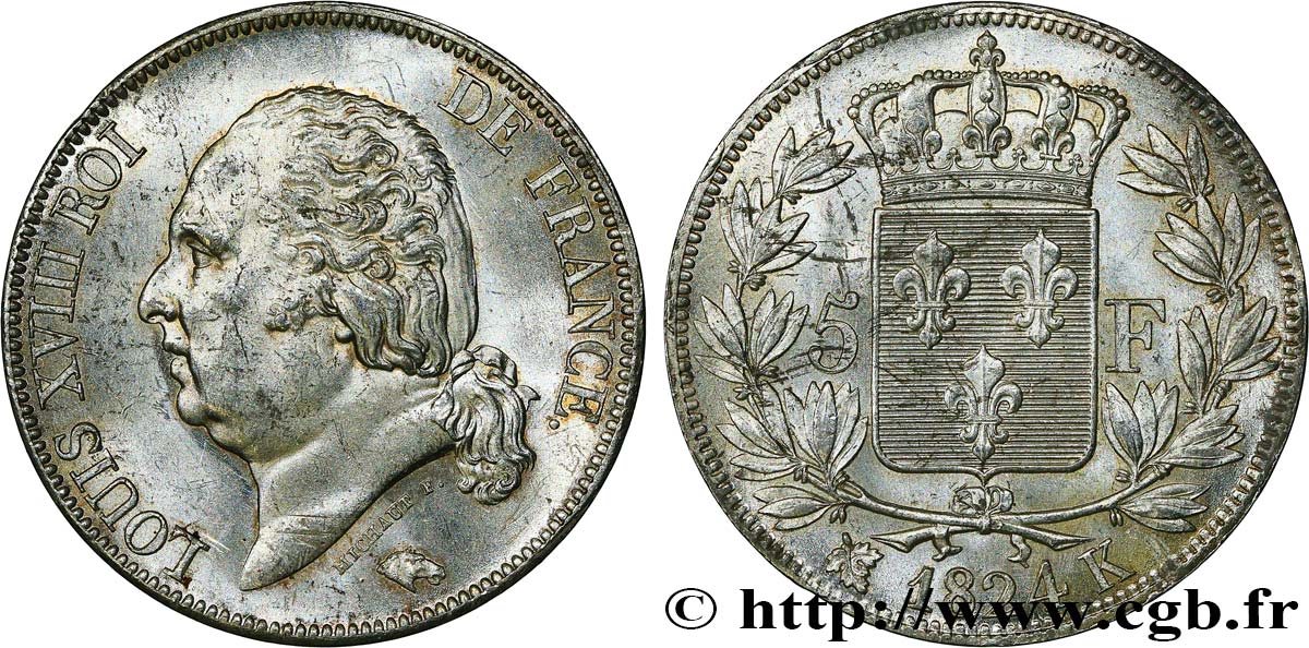 5 francs Louis XVIII, tête nue 1824 Bordeaux F.309/93 VZ62 