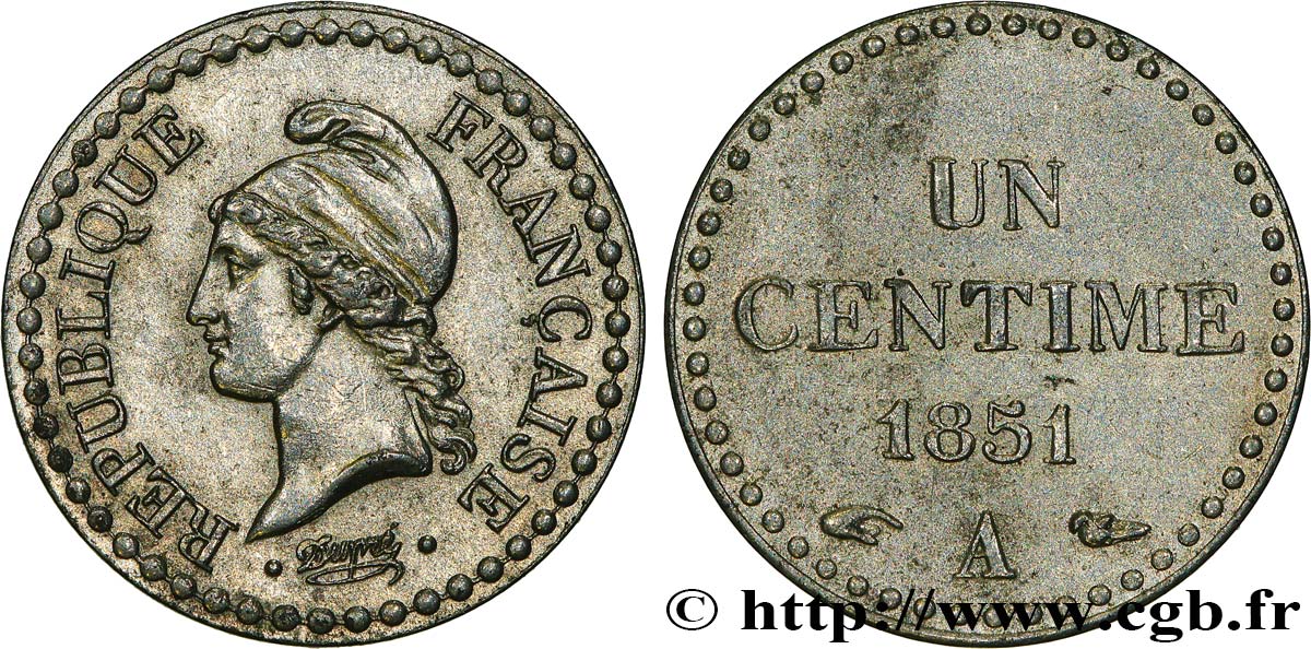Un centime Dupré, IIe République, nickelée 1851 Paris F.101/8 SPL