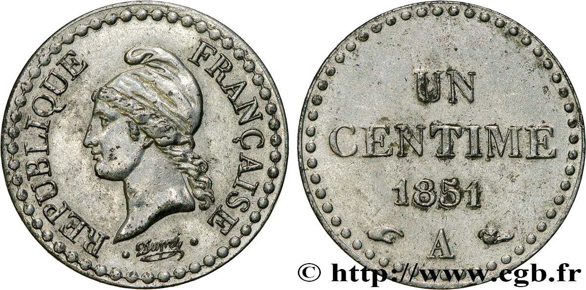 Un centime Dupré, IIe République, nickelée 1851 Paris F.101/8 AU