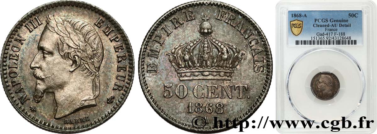50 centimes Napoléon III, tête laurée 1868 Paris F.188/20 EBC PCGS