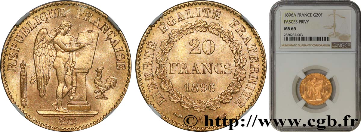 20 francs or Génie, Troisième République 1896 Paris F.533/20 MS65 NGC