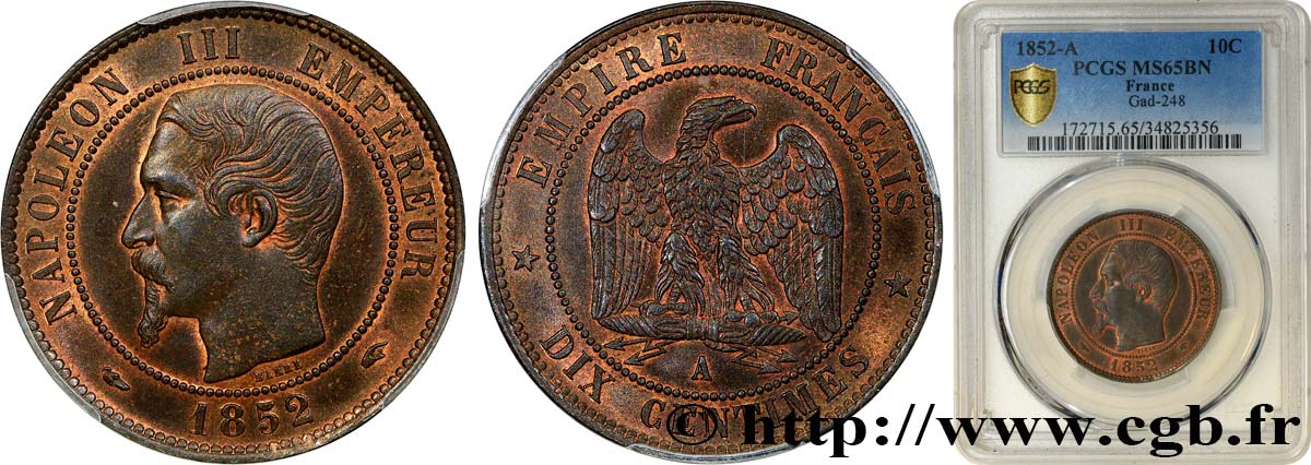Dix centimes Napoléon III, tête nue 1852 Paris F.133/1 ST65 PCGS