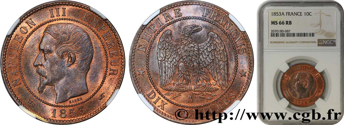 Dix centimes Napoléon III, tête nue 1853 Paris F.133/2 MS66 NGC