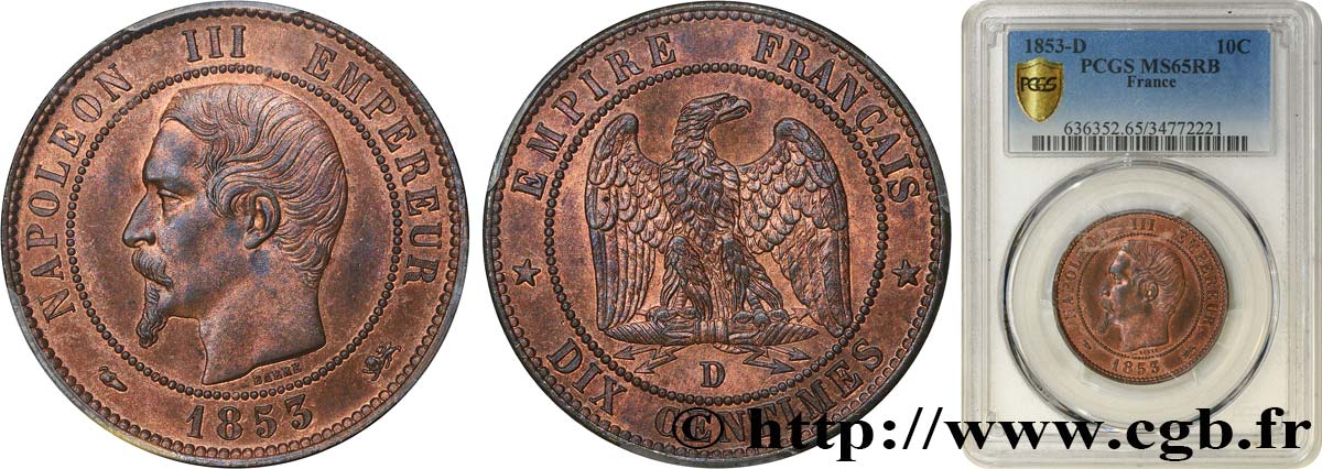 Dix centimes Napoléon III, tête nue 1853 Lyon F.133/5 MS65 PCGS