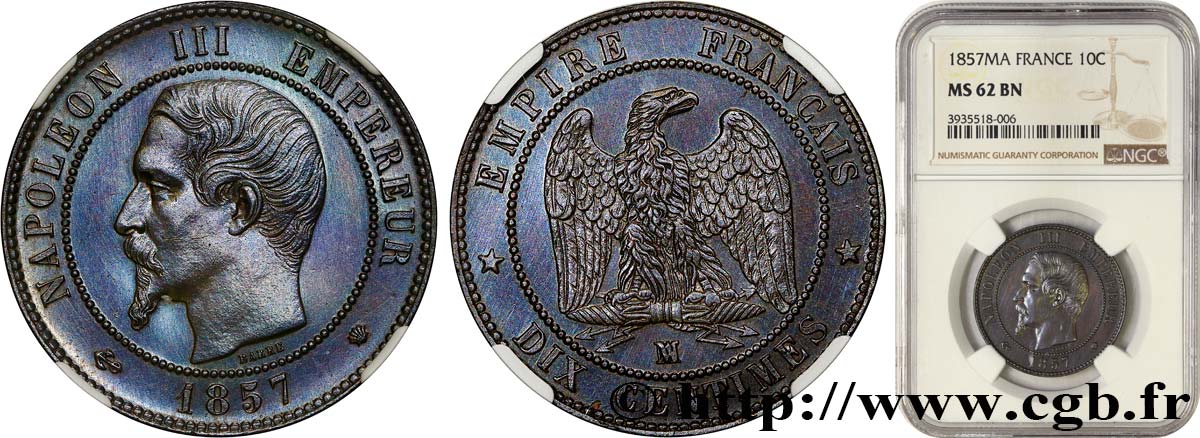 Dix centimes Napoléon III, tête nue 1857 Marseille F.133/45 SPL62 NGC