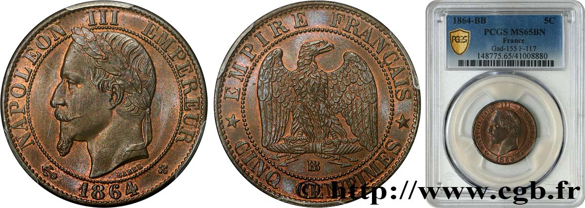 Cinq centimes Napoléon III, tête laurée 1864 Strasbourg F.117/14 ST65 PCGS
