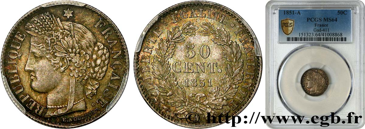50 centimes Cérès, IIe République 1851 Paris F.184/5 fST64 PCGS