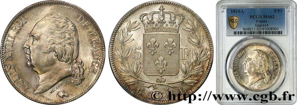 5 francs Louis XVIII, tête nue 1824 Bayonne F.309/94 EBC62 PCGS