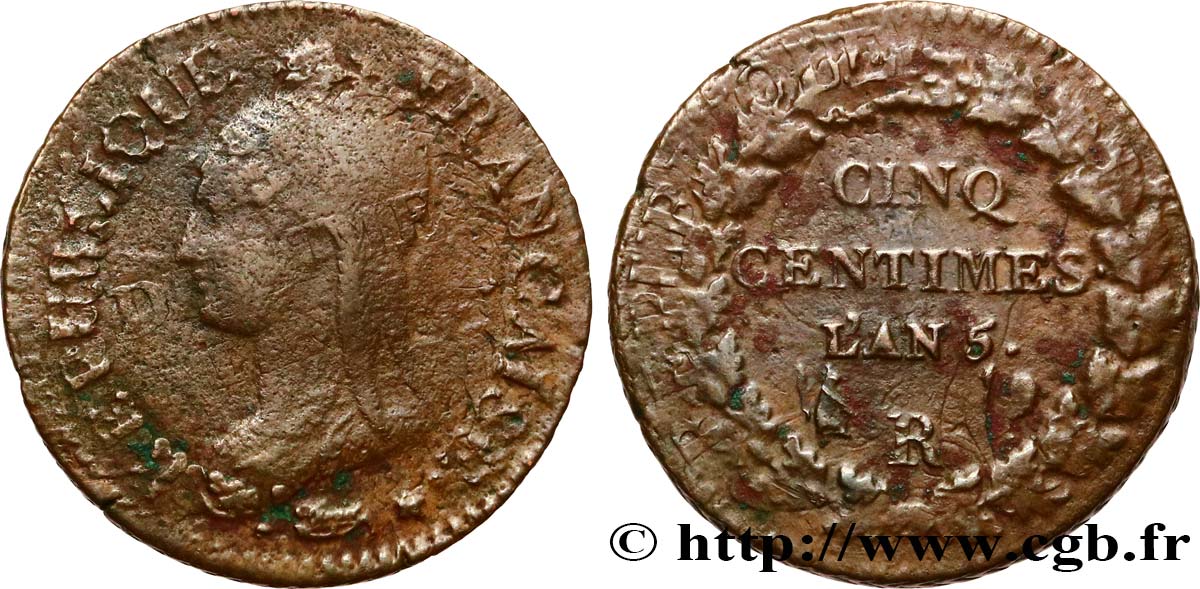 Cinq centimes Dupré, grand module,  refrappage  du décime 1797 Orléans F.114/10 BC 