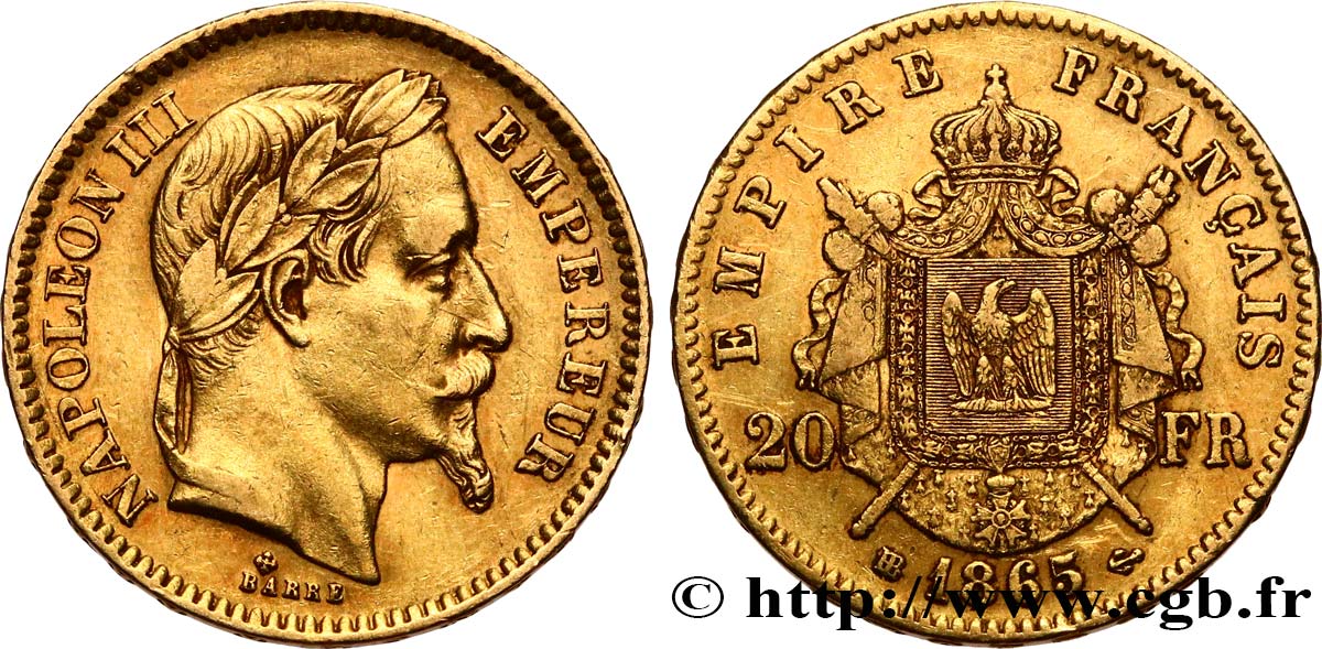 20 francs or Napoléon III, tête laurée 1865 Strasbourg F.532/12 XF45 