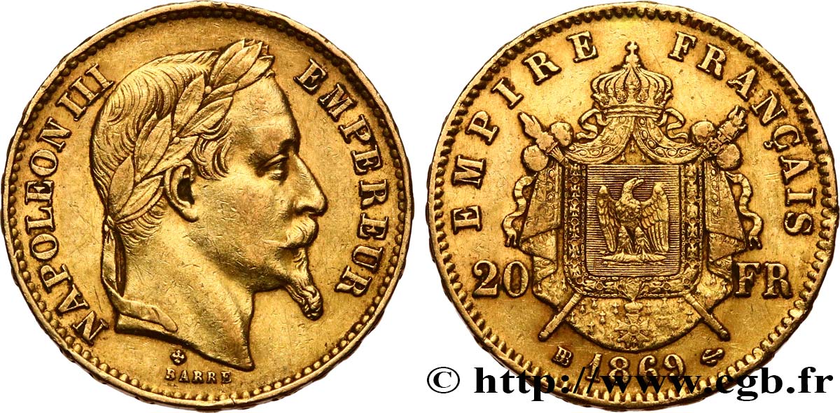 20 francs or Napoléon III, tête laurée, petit BB 1869 Strasbourg F.532/21 TTB 