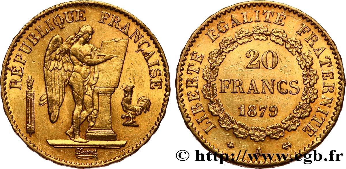 20 francs or Génie, Troisième République 1879 Paris F.533/8 AU50 