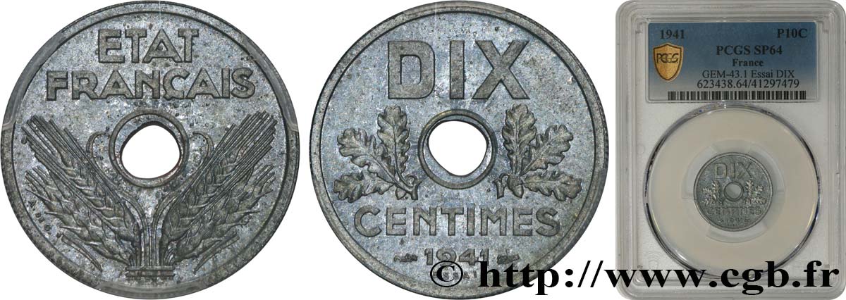 Essai de DIX centimes État français 1941 Paris GEM.43 1 SPL64 PCGS
