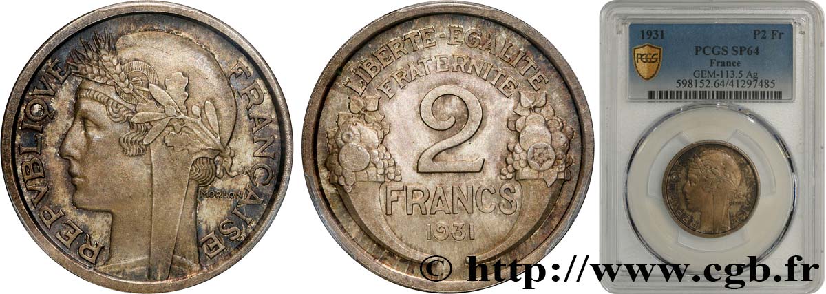 Pré-série sans le mot ESSAI de la 2 francs Morlon en argent 1931  GEM.113 5 fST64 PCGS