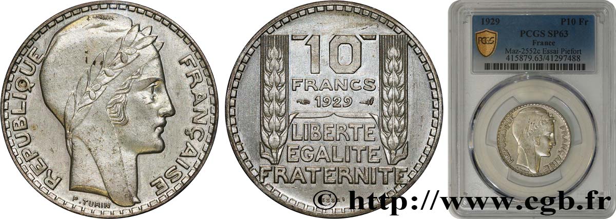 Essai-piéfort de 10 francs Turin 1929  GEM.173 EP SC63 PCGS