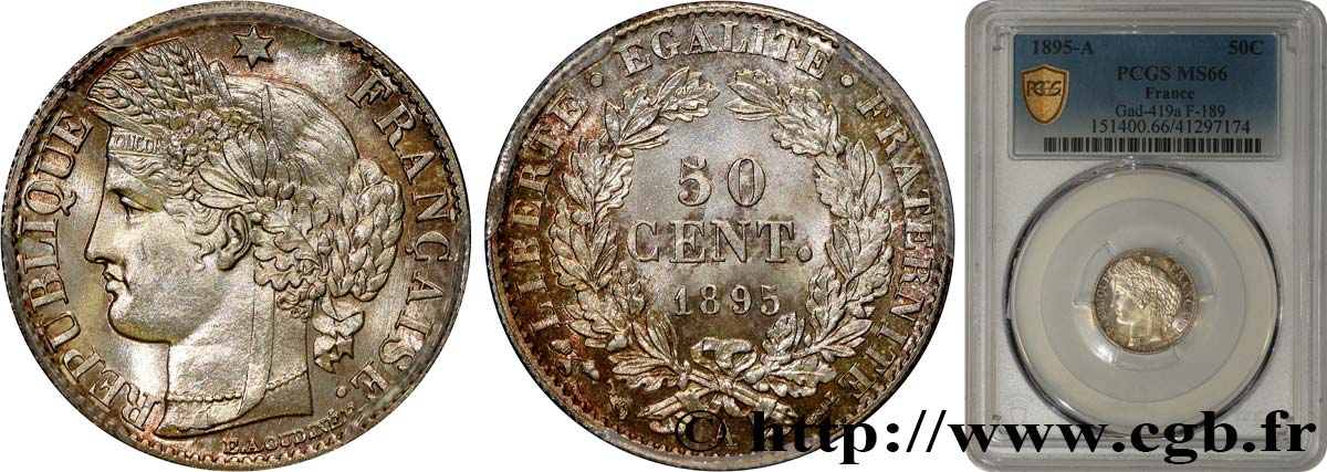50 centimes Cérès, IIIe République 1895 Paris F.189/16 MS66 PCGS
